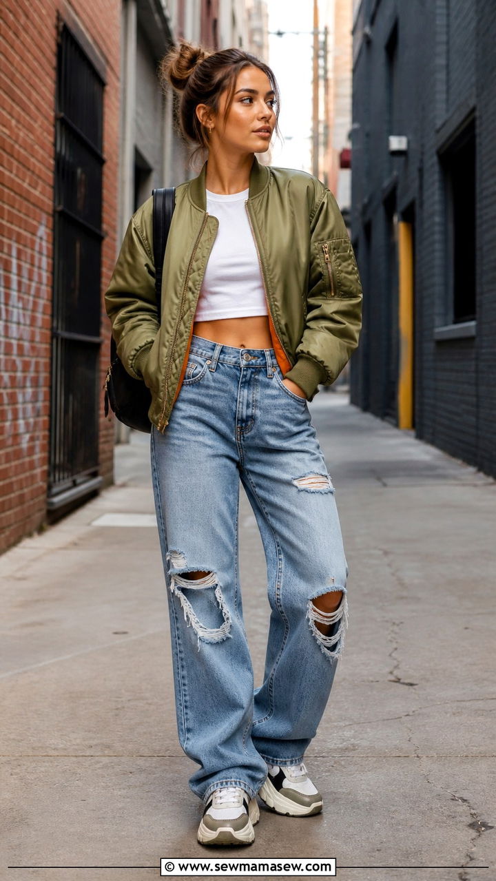 Ripped jeans with bomber jacket and platform sneakers - 40 Ripped jeans outfit ideas