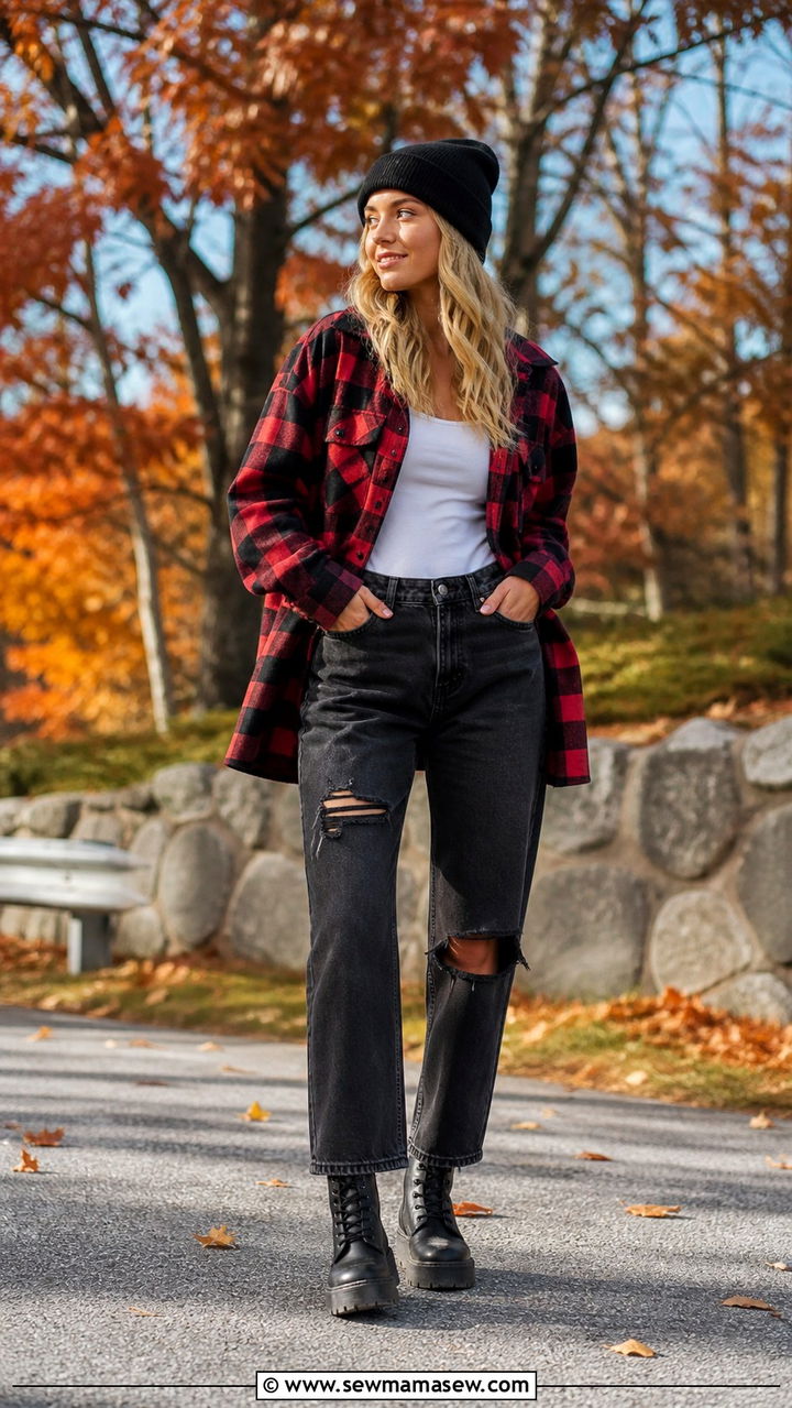 Ripped jeans with flannel shirt and combat boots - 40 Ripped jeans outfit ideas