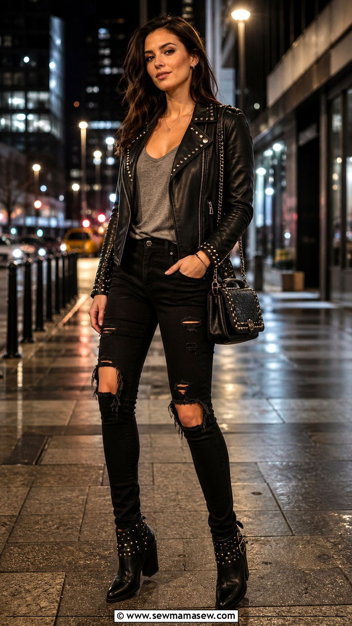 Ripped jeans with moto jacket and studded ankle boots - 40 Ripped jeans outfit ideas