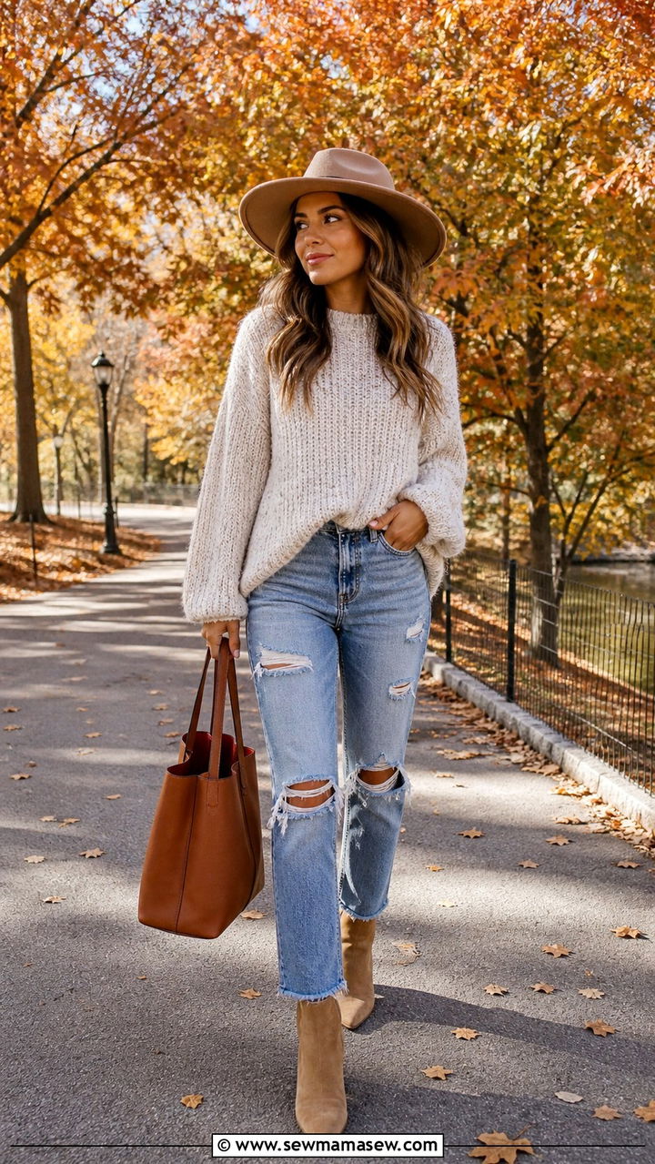 Ripped jeans with oversized knit sweater and ankle boots - 40 Ripped jeans outfit ideas