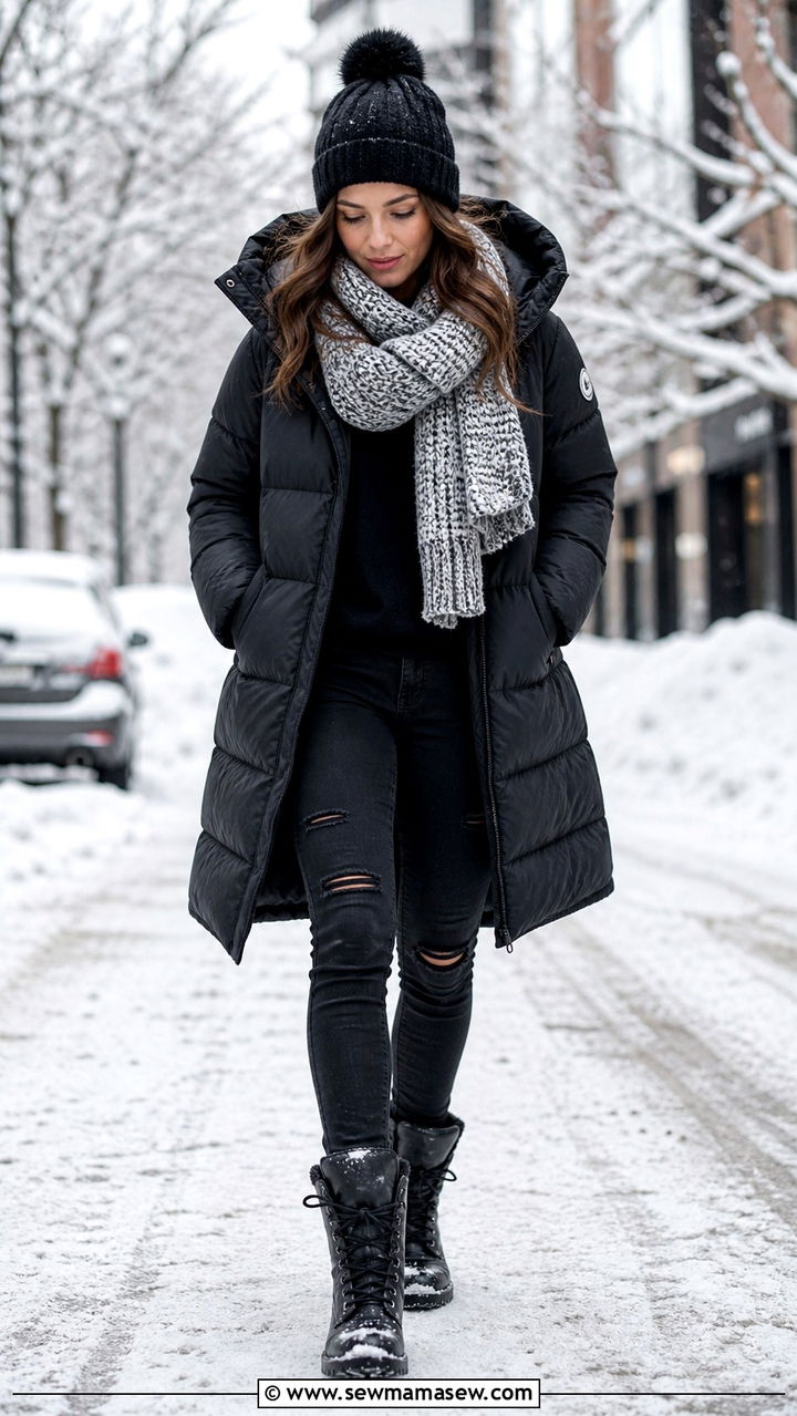 Ripped jeans with puffer coat and snow boots - 40 Ripped jeans outfit ideas
