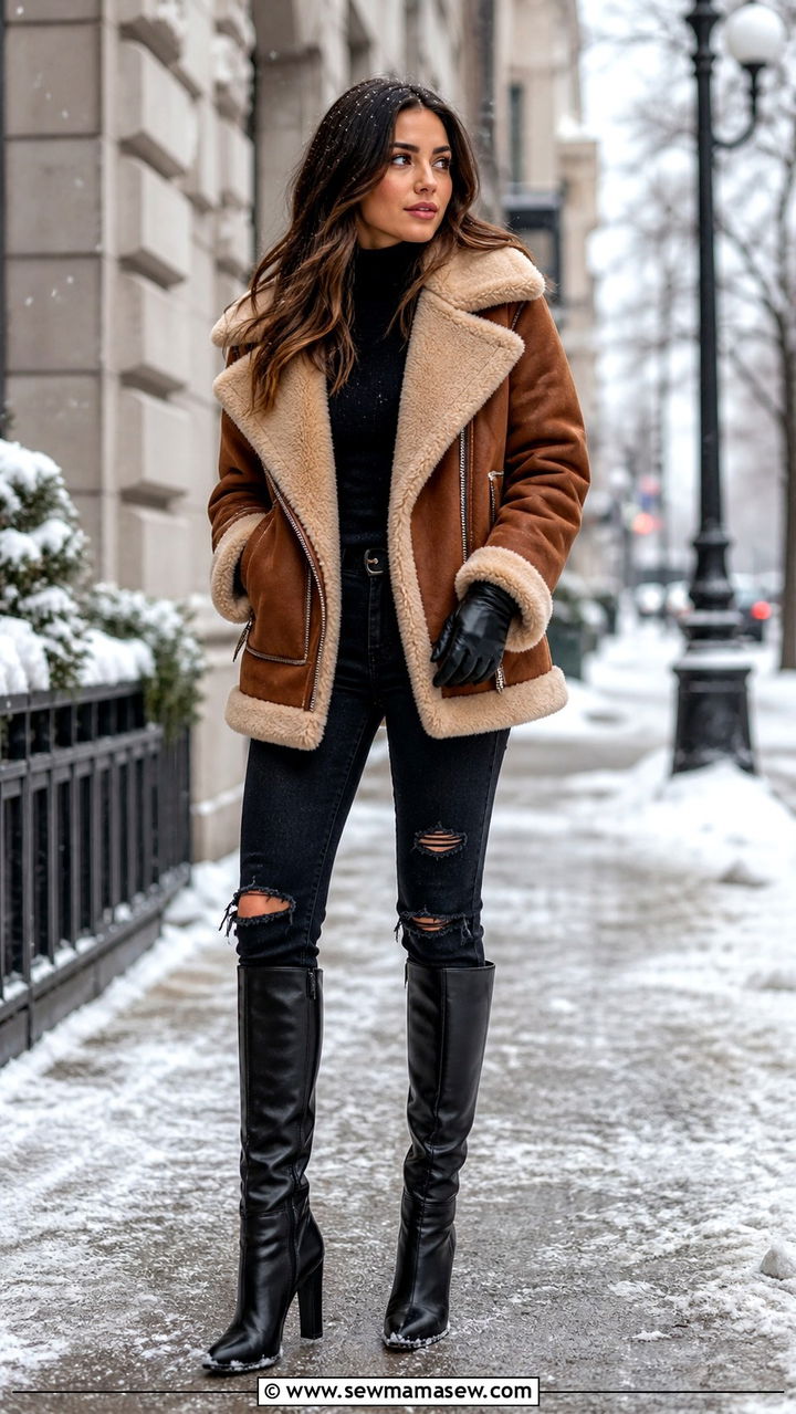 Ripped jeans with shearling coat and heeled knee high boots - 40 Ripped jeans outfit ideas