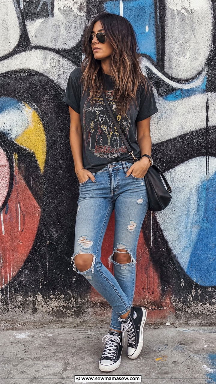 Ripped jeans with vintage band tee and high top Converse - 40 Ripped jeans outfit ideas
