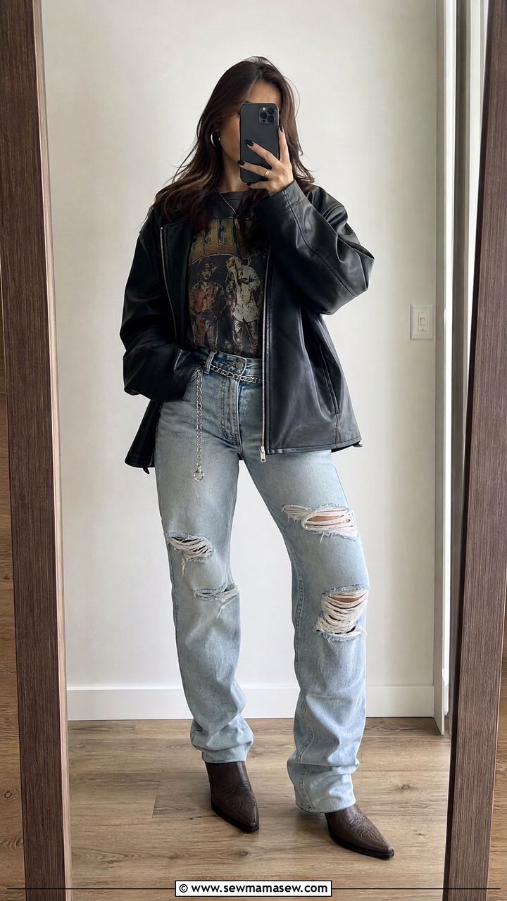 Ripped light wash jeans with a band tee and leather jacket - 30 Morgan Wallen concert outfit ideas