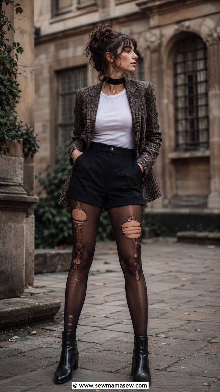 Ripped tights under shorts with a blazer - 30 Chaotic academia outfit ideas