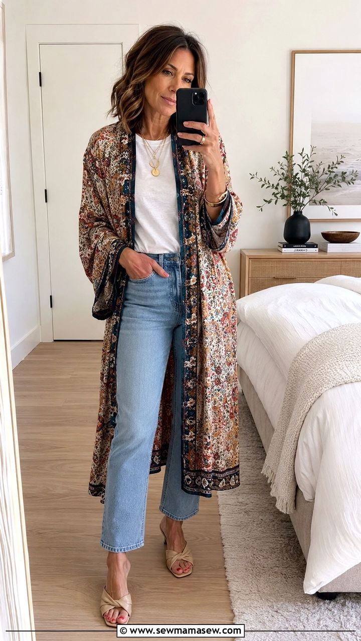 Robe Coat With Jeans and a White Tee - 25 Pajama outfit ideas for women over 40