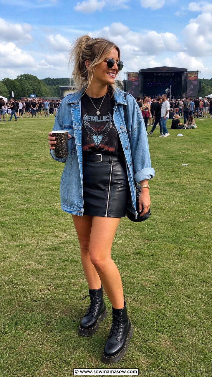 Rock Band Tee and Black Mini Skirt With Combat Boots - 25 Glasgow outfit ideas