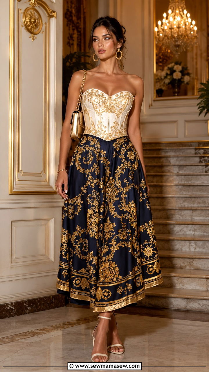 Rococo Corset Top with Baroque Print Midi Skirt Outfit - 30 maximalist outfits 2026