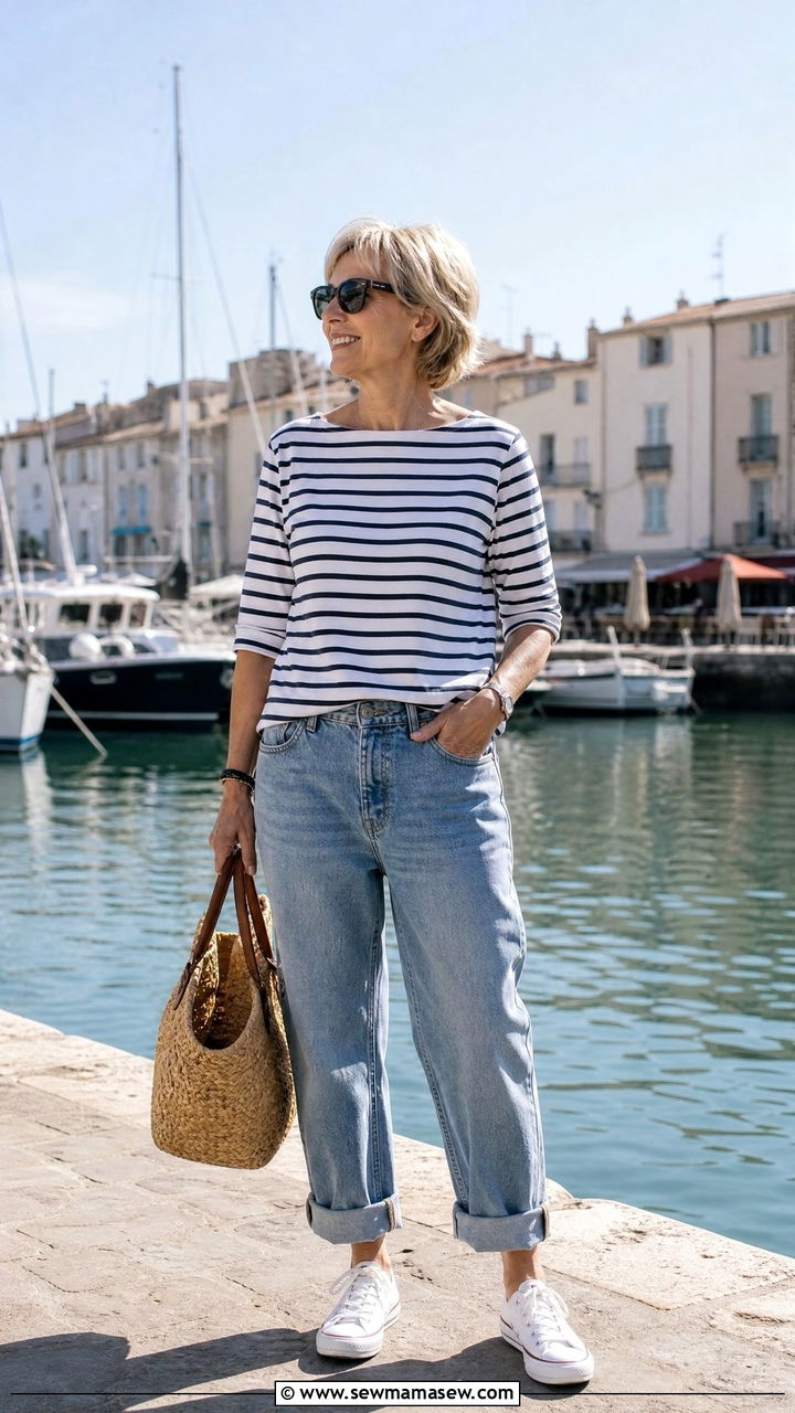 Roll Cuff Boyfriend Jeans With Breton Stripe Top And Wicker Bag - 35 Jeans outfit ideas for women over 50
