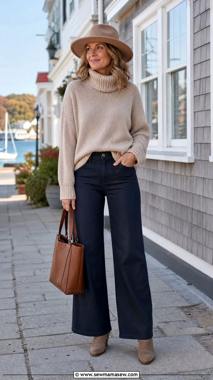 Roll Neck Sweater and Trouser Jeans - 30 coastal grandmother outfit ideas for women over 40