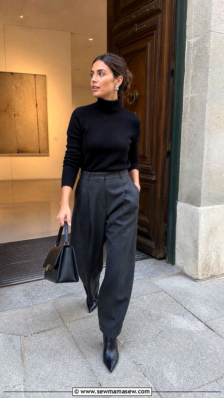 Roll neck sweater with barrel leg trousers and leather ankle boots - 40 What to wear in Madrid