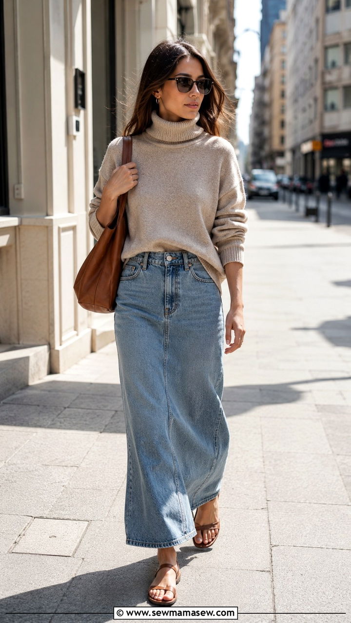 Roll neck sweater with denim maxi skirt - 30 Spring outfits with sweaters