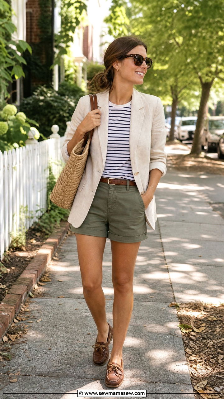 Rolled Sleeve Linen Blazer With Cuffed Cotton Shorts - 30 Linen blazer outfit ideas with shorts