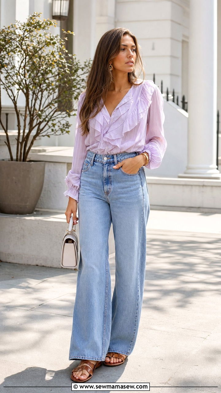 Romantic Blouse With Wide Leg Jeans And Flat Sandals - 25 spring summer 2026 outfits ideas