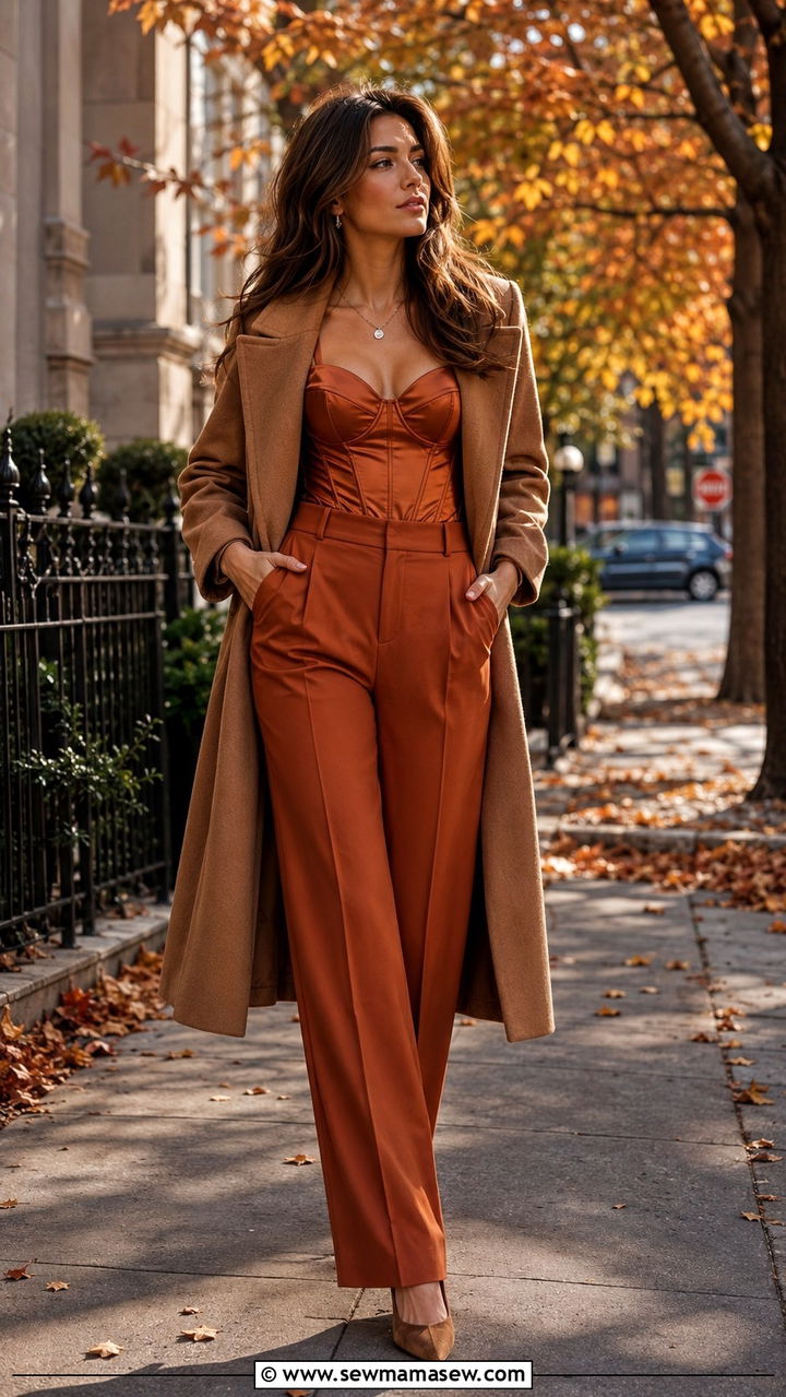 Romantic Burnt Orange Corset Trousers Outfit - 30 romantic outfits inspo