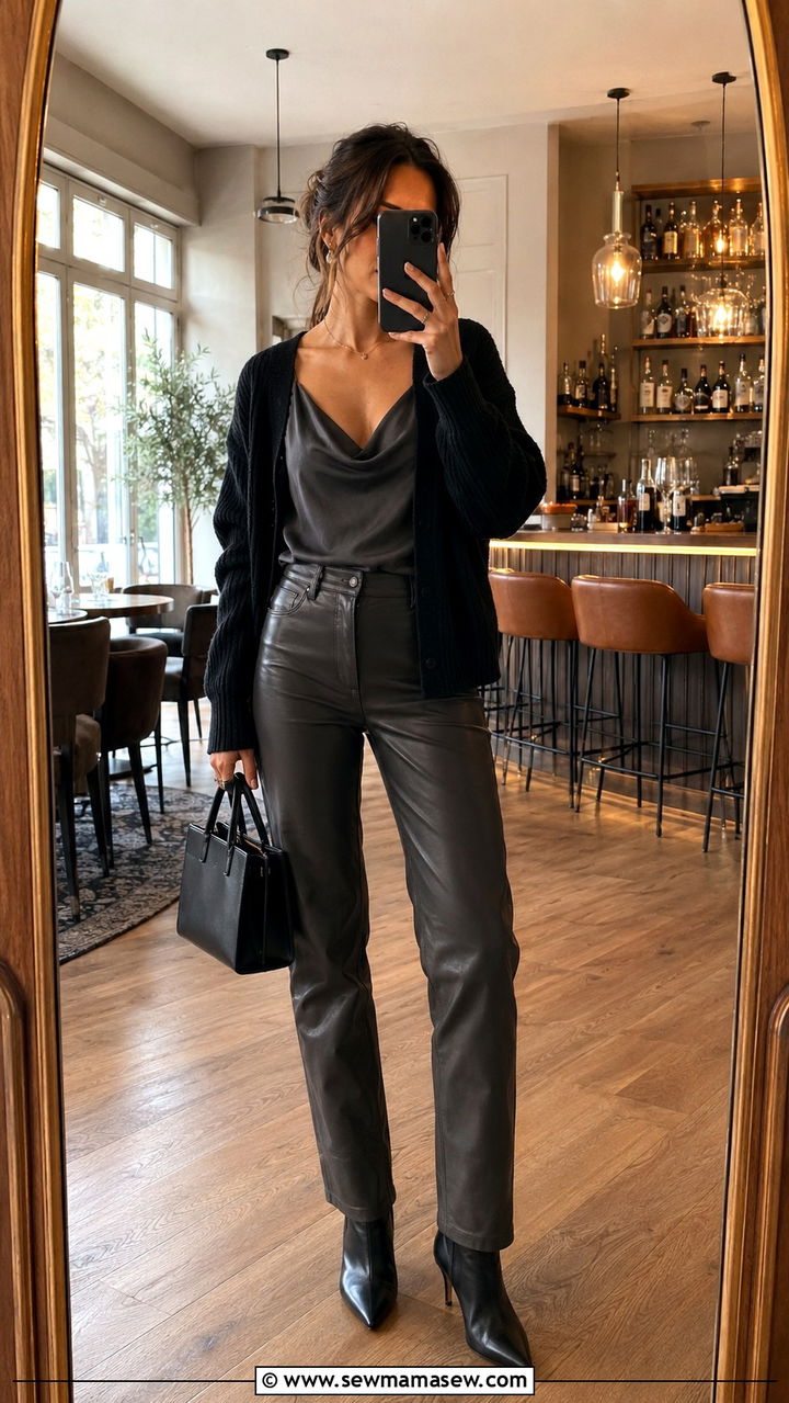 Romantic Charcoal Leather Pants and Silk Tank Outfit - 30 romantic outfits inspo