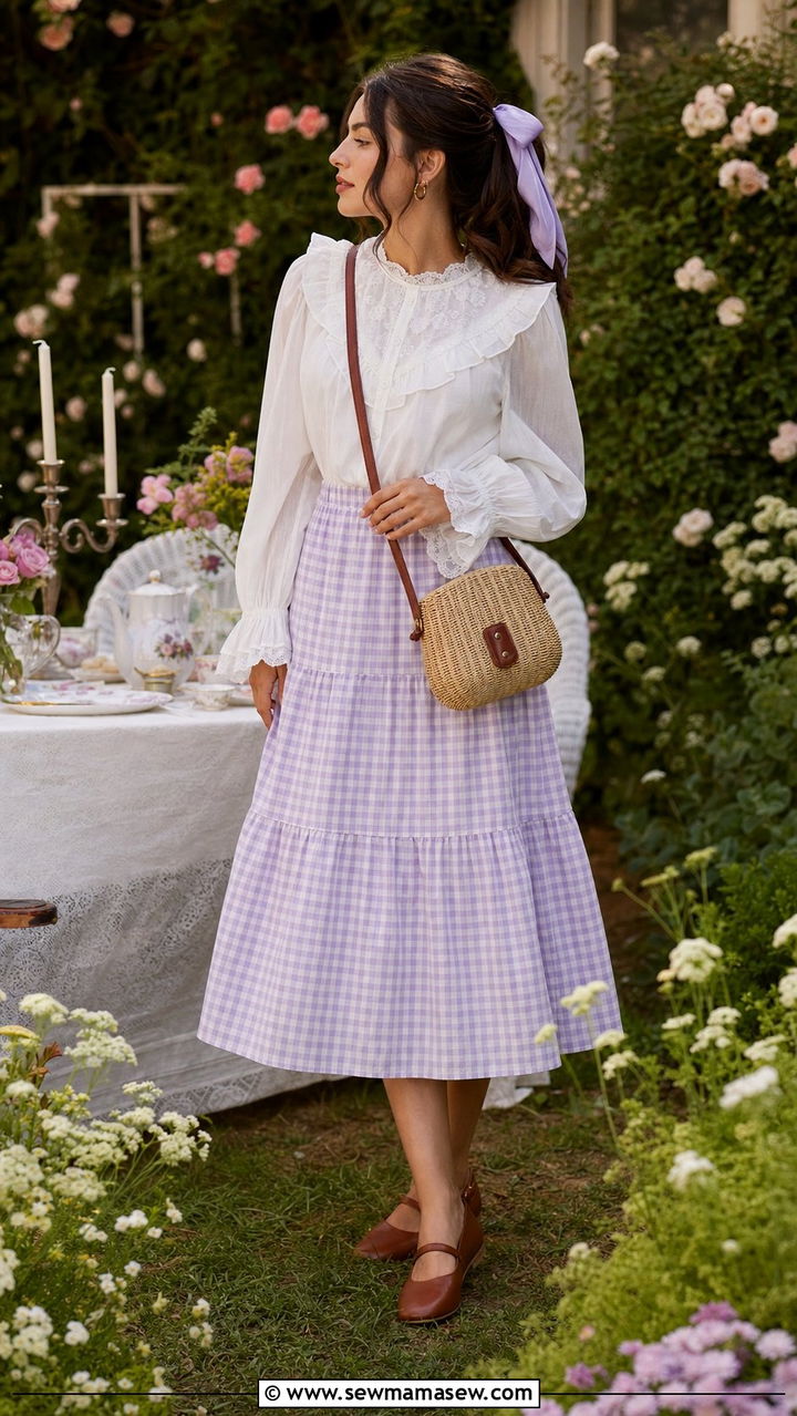 Romantic Cottage Ruffled Blouse and Gingham Midi Skirt Outfit - 25 cute outfits aesthetic