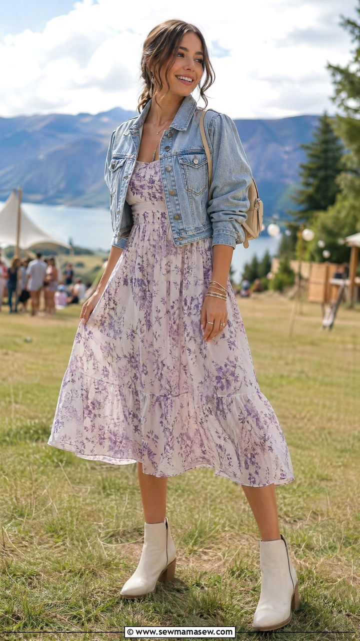 Romantic Floral Midi Dress With Ankle Boots and a Denim Jacket - 35 festival outfits aesthetic