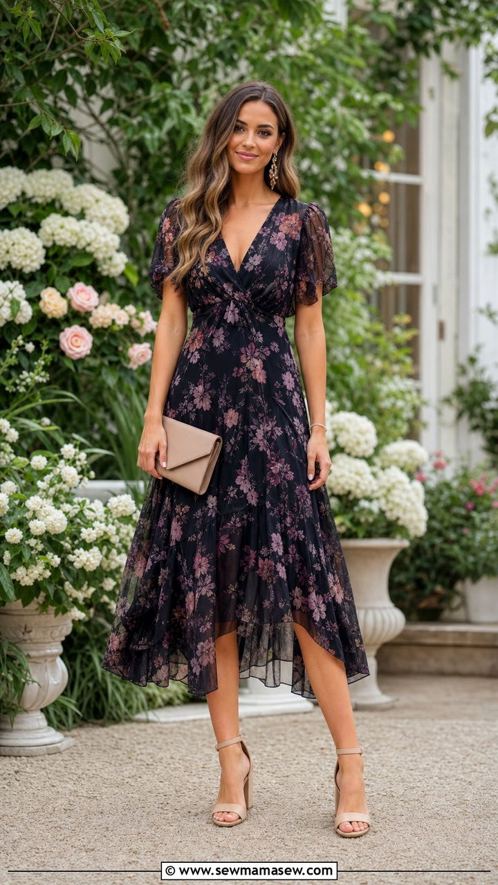 Romantic Floral Midi Dress With Neutral Heels - 35 Black tie wedding guest outfits