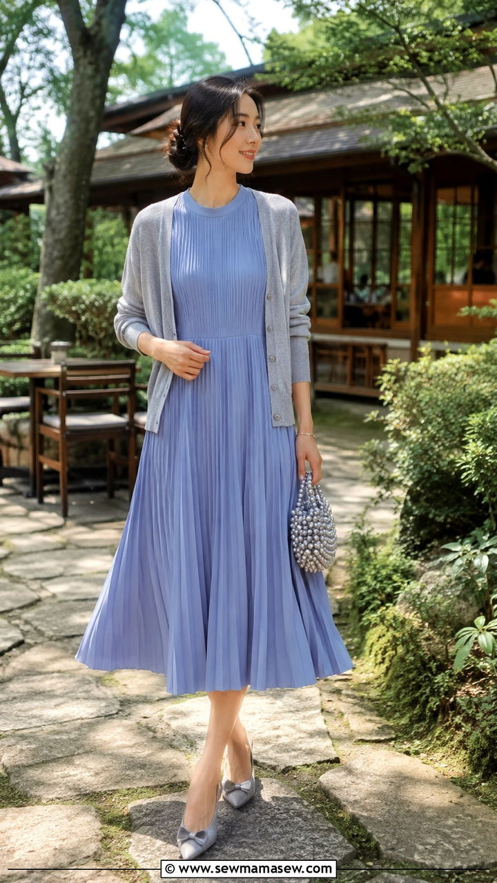 Romantic Periwinkle Pleated Midi Dress Outfit - 30 romantic outfits inspo