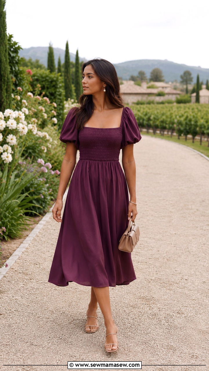 Romantic Puff Sleeve Midi Dress - 30 Vineyard wedding guest outfit ideas