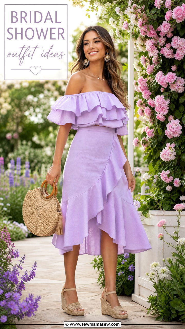 Romantic Ruffled Blouse And Midi Skirt Set Outfit - 30 bridal shower outfit ideas for women