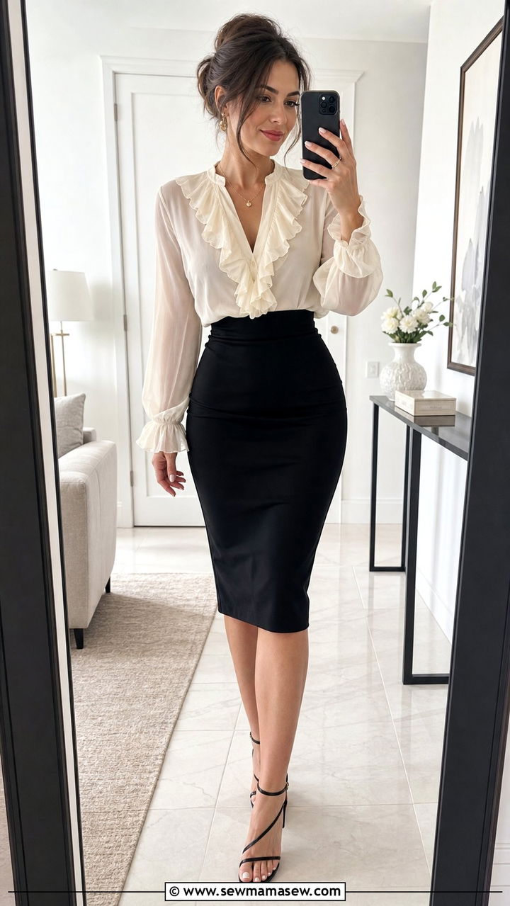 Romantic Sheer Blouse With Pencil Skirt - 25 spring outfits 2026 women inspo