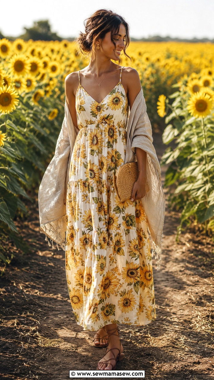 Romantic Sunflower Maxi Dress Outfit - 30 romantic outfits inspo