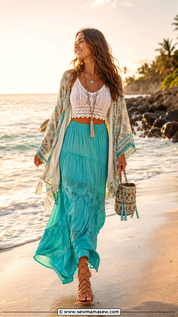 Romantic Turquoise Maxi Skirt and Crochet Top Outfit - 30 romantic outfits inspo