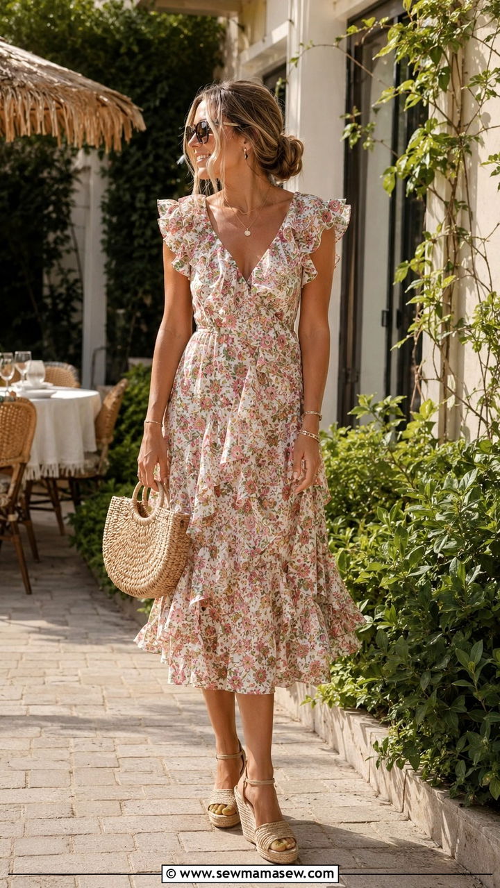 Romantic floral midi dress with woven wedge sandals - 20 spring summer 2026 outfits