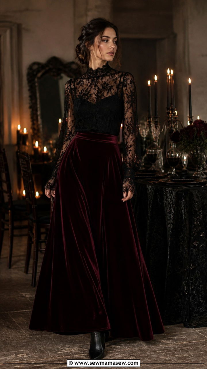Romantic goth lace high neck blouse with burgundy velvet maxi skirt - 40 Gothic outfit ideas
