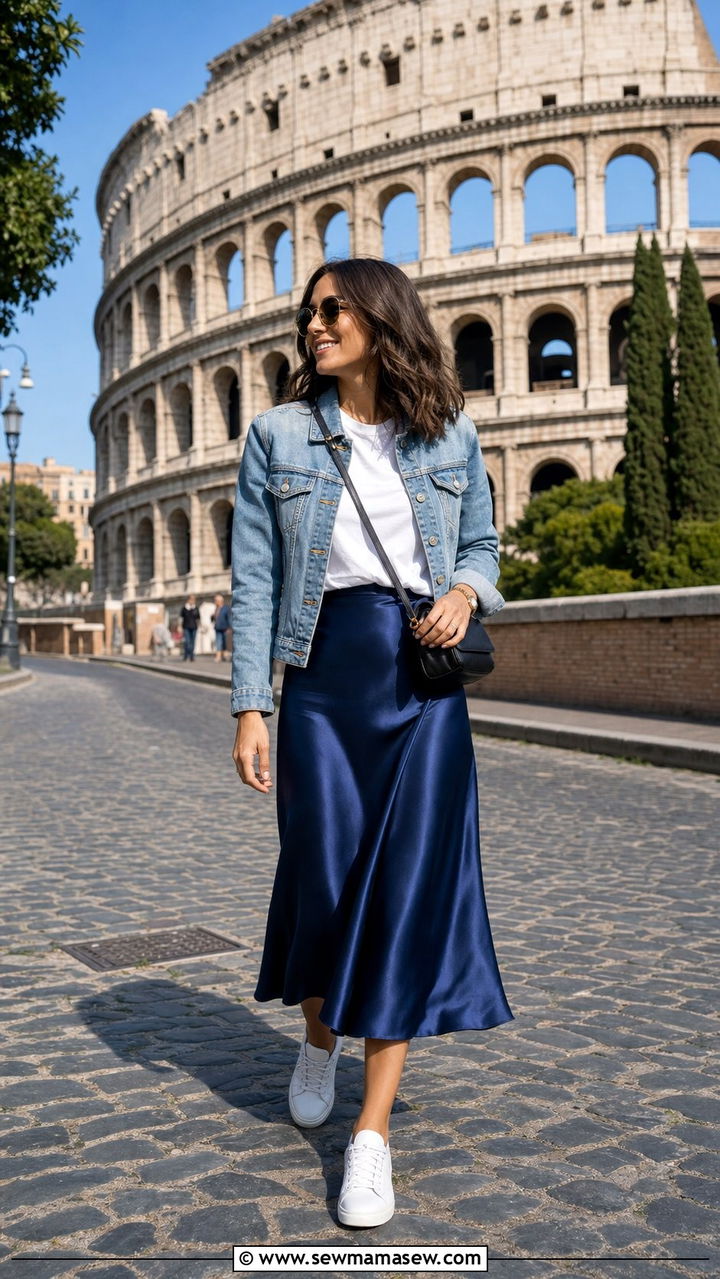 Rome Midi Skirt with White Sneakers - 25 Europe travel outfits inspo