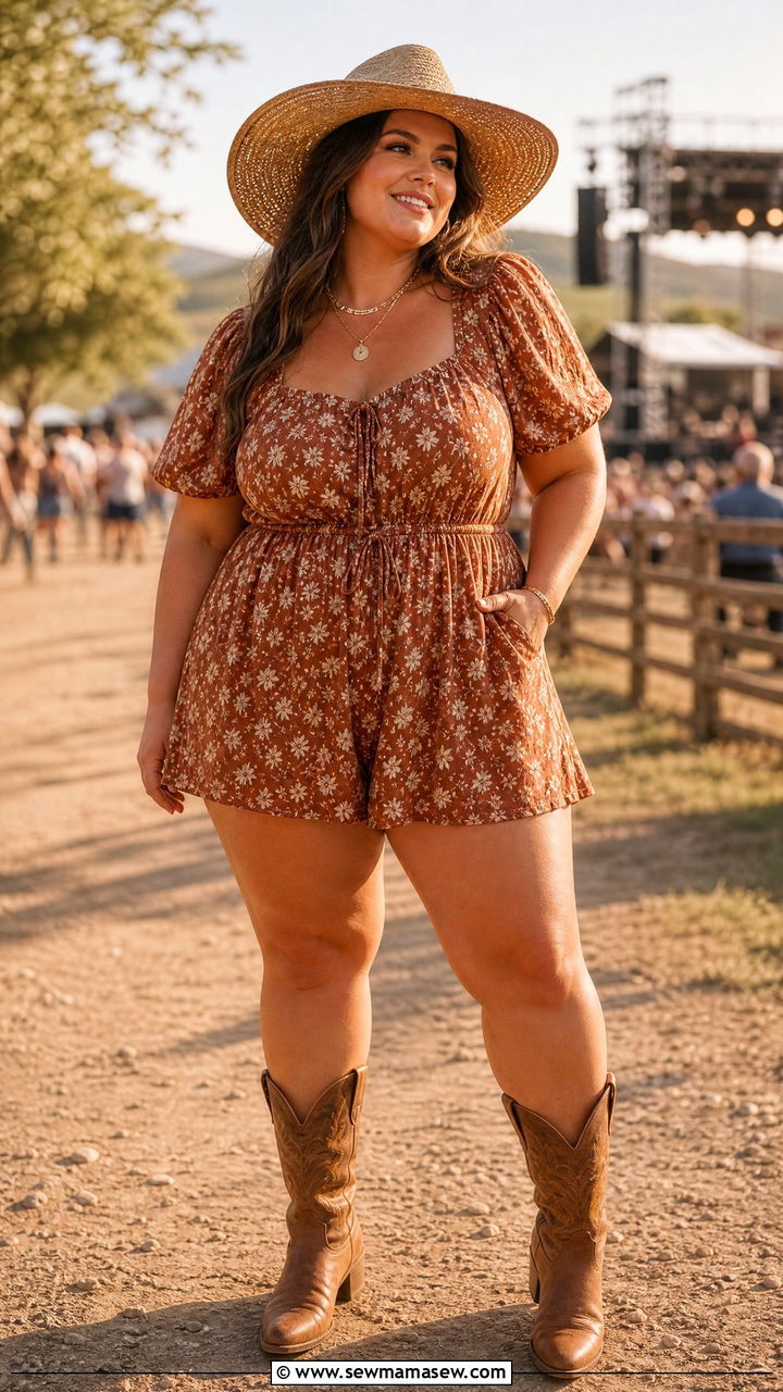 Romper with Wide Brim Hat and Cowboy Boots - 30 Country concert outfit ideas plus size