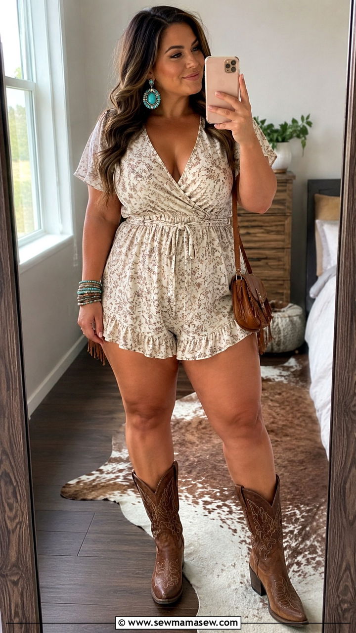 Romper with statement jewelry and boots - 30 plus size country concert outfit ideas