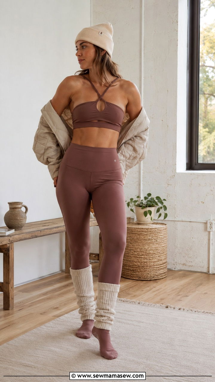 Rose Brown Strappy Back Set with Knit Beanie - 25 Pilates outfit ideas aesthetic