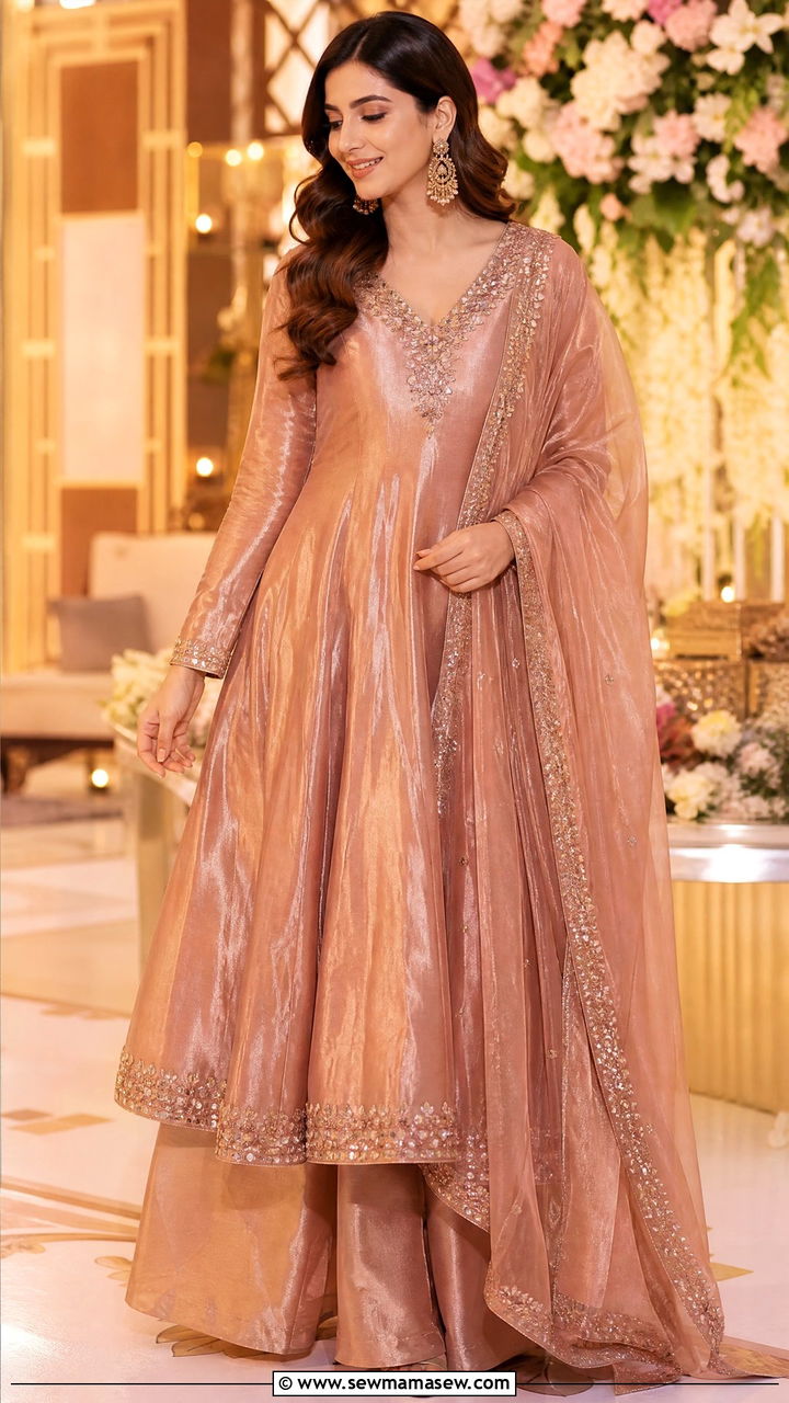 Rose Gold Anarkali Palazzo Suit - 35 Matching set outfit ideas for wedding guest