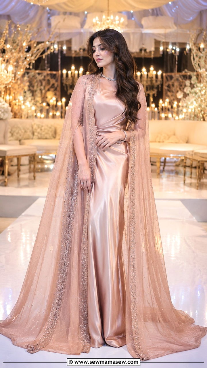 Rose Gold Flowing Maxi With Sheer Cape - 25 Modest outfit ideas for Walima