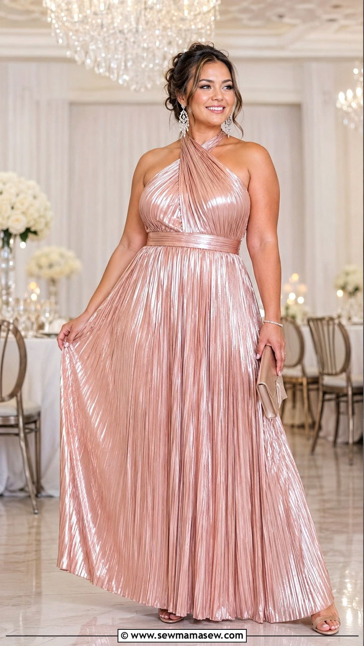 Rose Gold Metallic Pleated Maxi Dress With Clear Strap Heels - 25 Wedding guest outfit ideas size 22