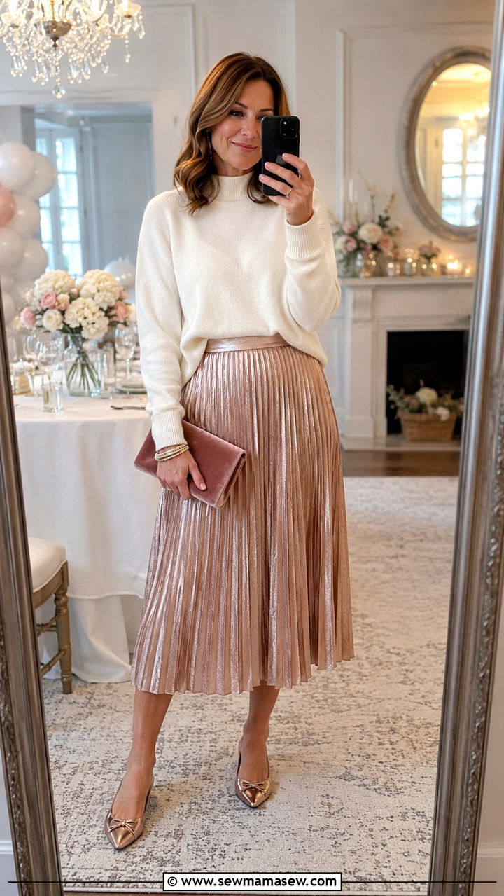 Rose Gold Pleated Midi Skirt And Soft Cashmere Sweater - 25 baby shower outfits for women over 40