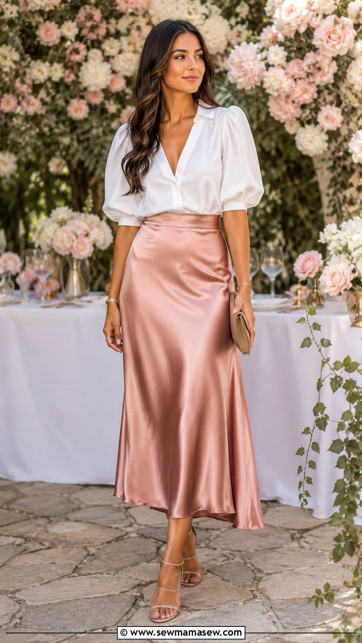 Rose Gold Satin Skirt With White Blouse and Heeled Sandals - 30 casual satin skirt outfits