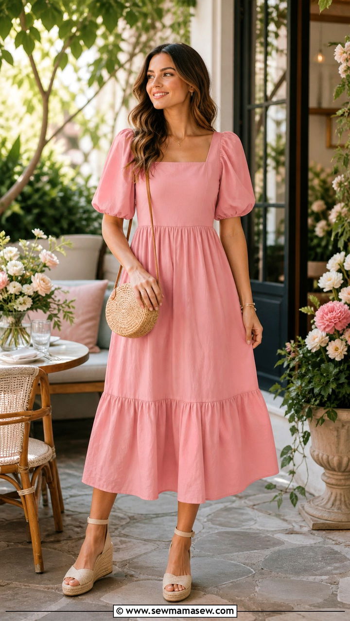Rose Pink Midi Dress with Espadrille Wedges - 40 Mother's Day brunch outfit ideas 2026