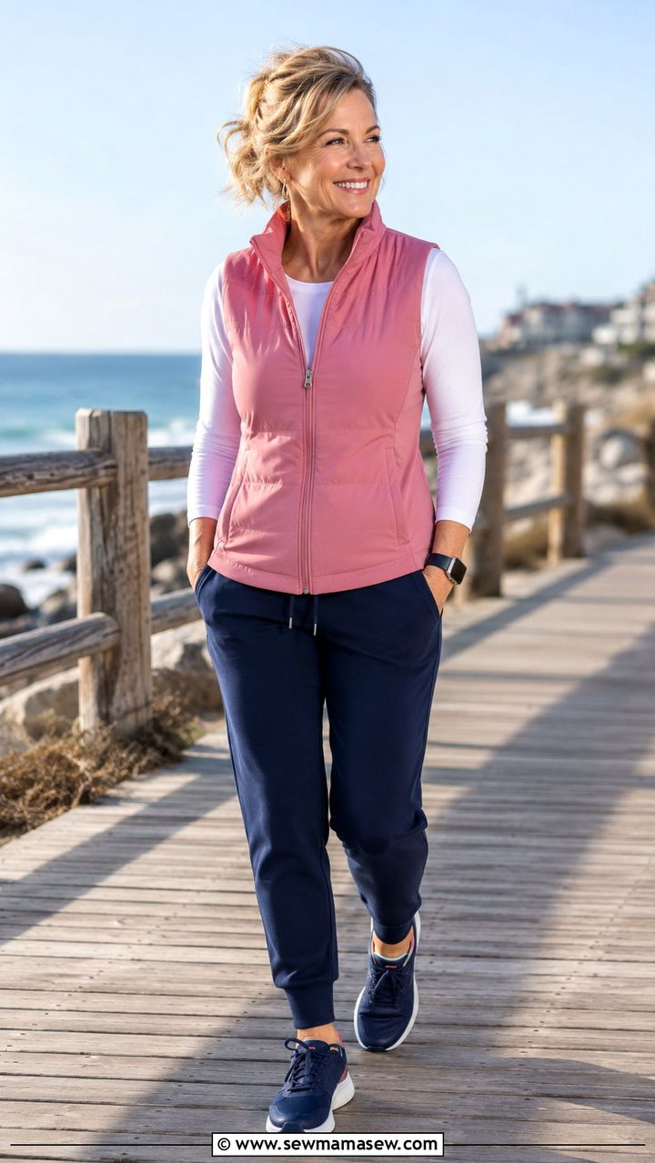 Rose Pink Vest With Navy Joggers Outfit - 30 Outfit ideas for women over 40 athleisure