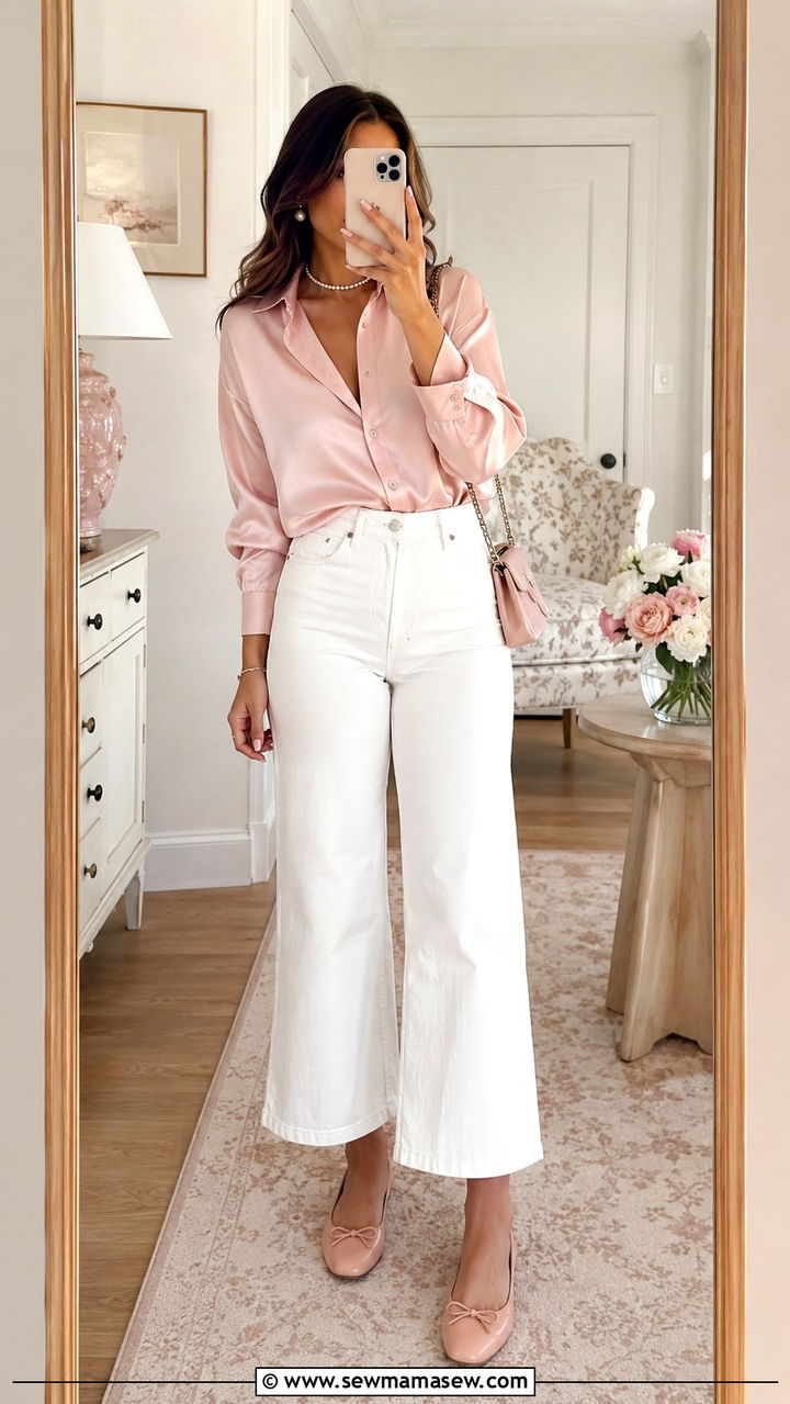 Rose Quartz Blouse And White Jeans Outfit - 30 Pantone color of the year outfit ideas