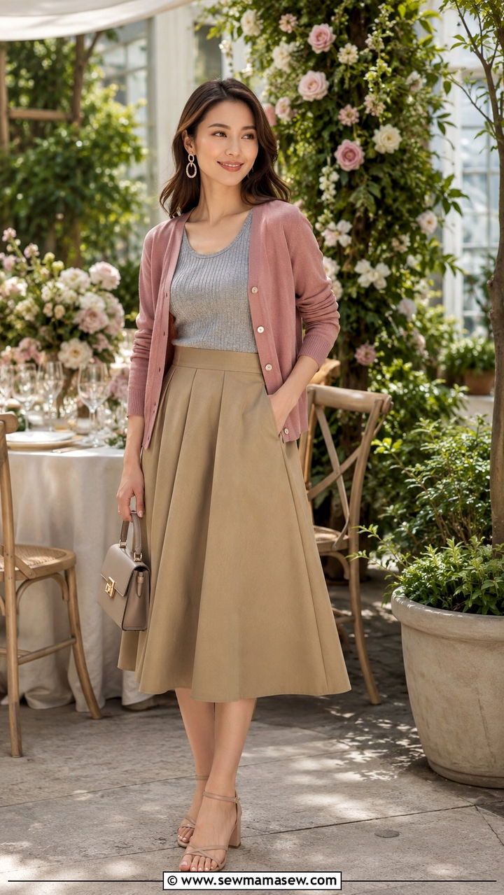 Rose cardigan with khaki midi skirt - 30 Spring outfits with cardigan