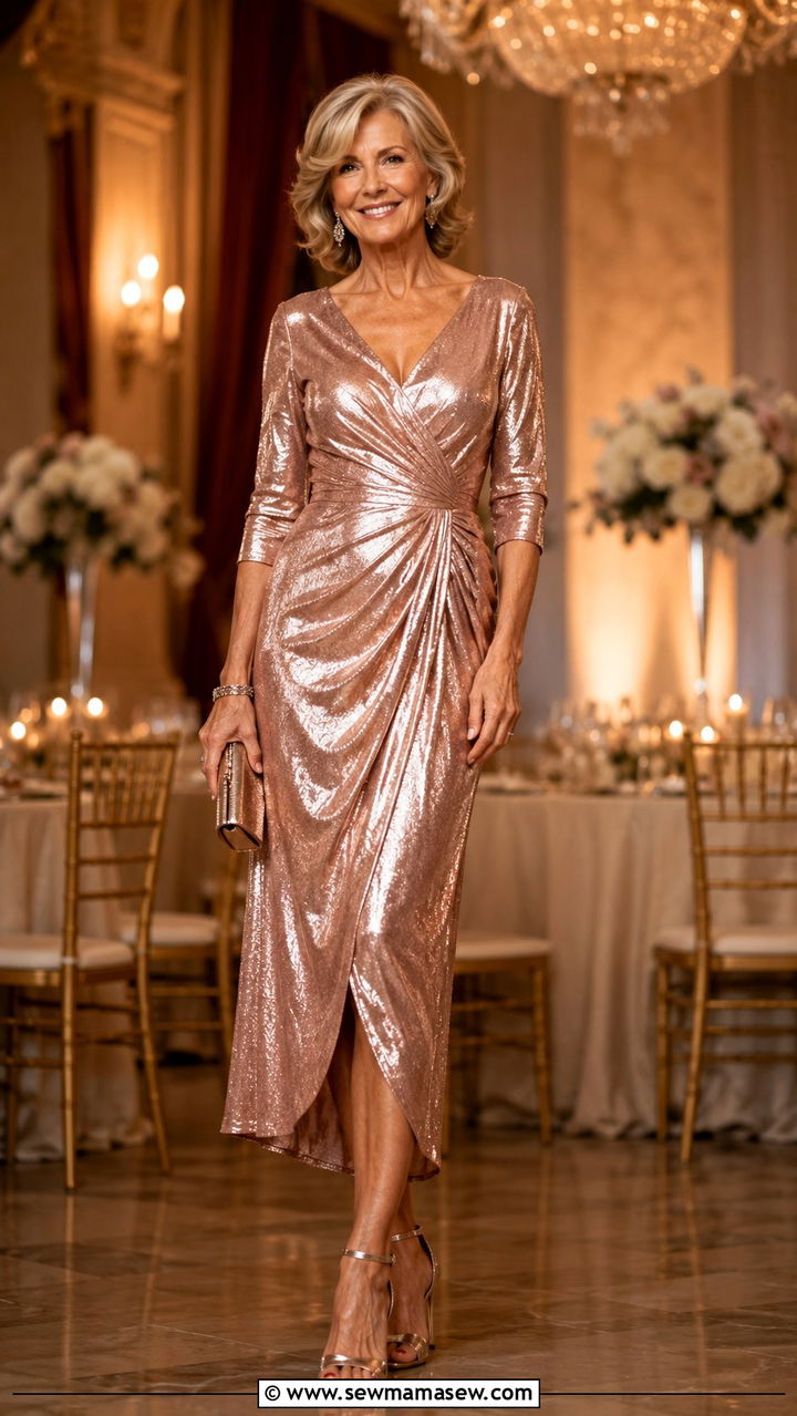 Rose gold metallic midi dress for evening wedding - 25 Wedding guest outfit ideas for 60 year old