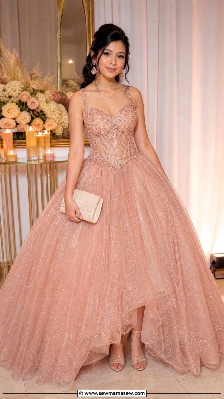 Rose gold quinceanera ball gown with nude heels - 25 Quinceanera outfit ideas
