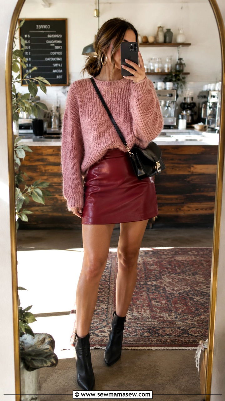 Rose pink knit and red leather skirt outfit - 25 Pink and red outfit ideas