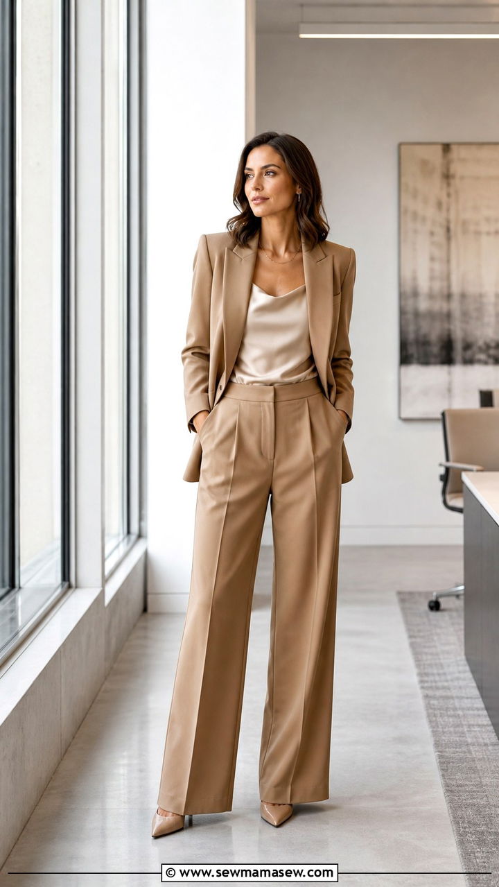 Rounded shoulder blazer with wide leg trousers - 40 office outfits 2026