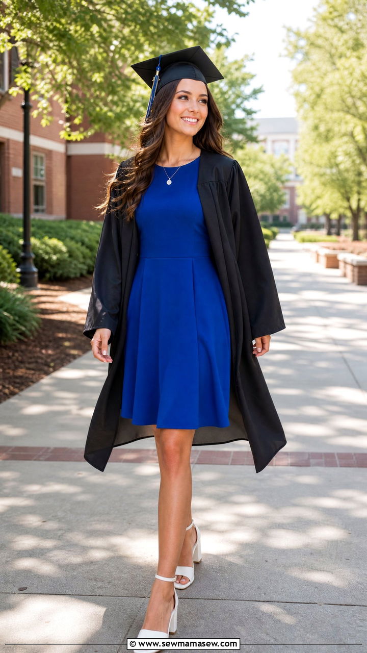 Royal Blue A Line Dress with Silver Accessories - 30 Graduation cap and gown outfit ideas