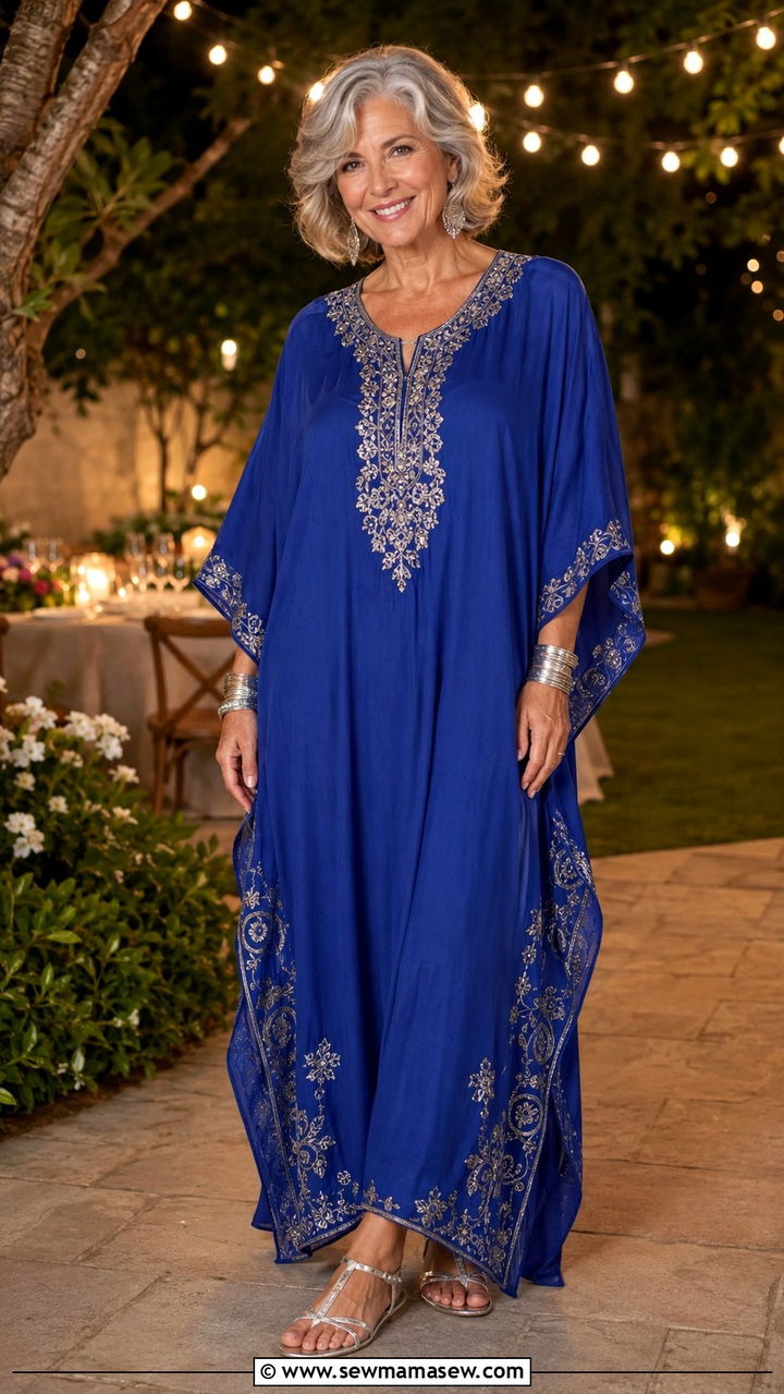 Royal Blue Kaftan With Silver Sandals - 25 Birthday outfits for women over 50
